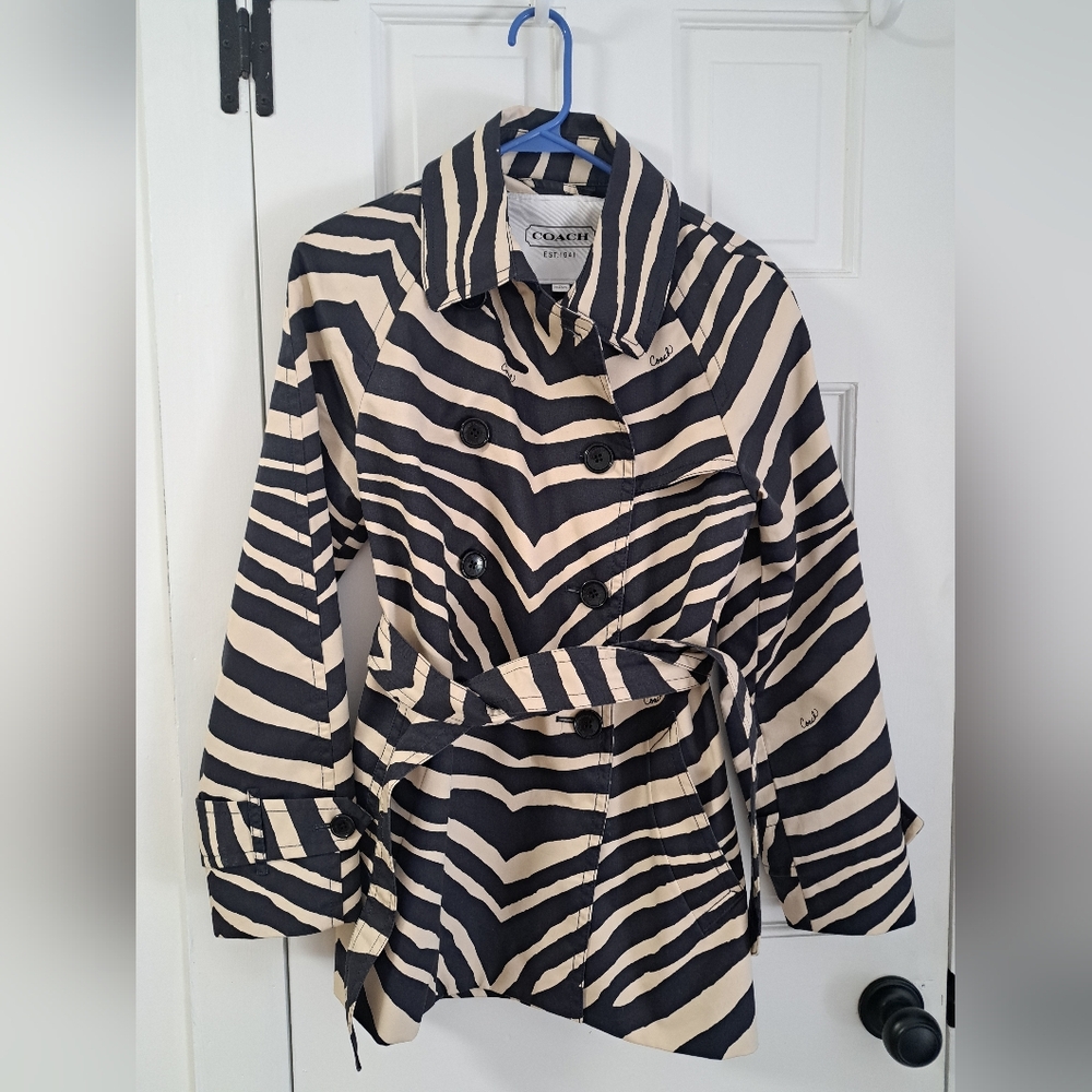 Coach Black and Cream Zebra-Print Trench Coat
